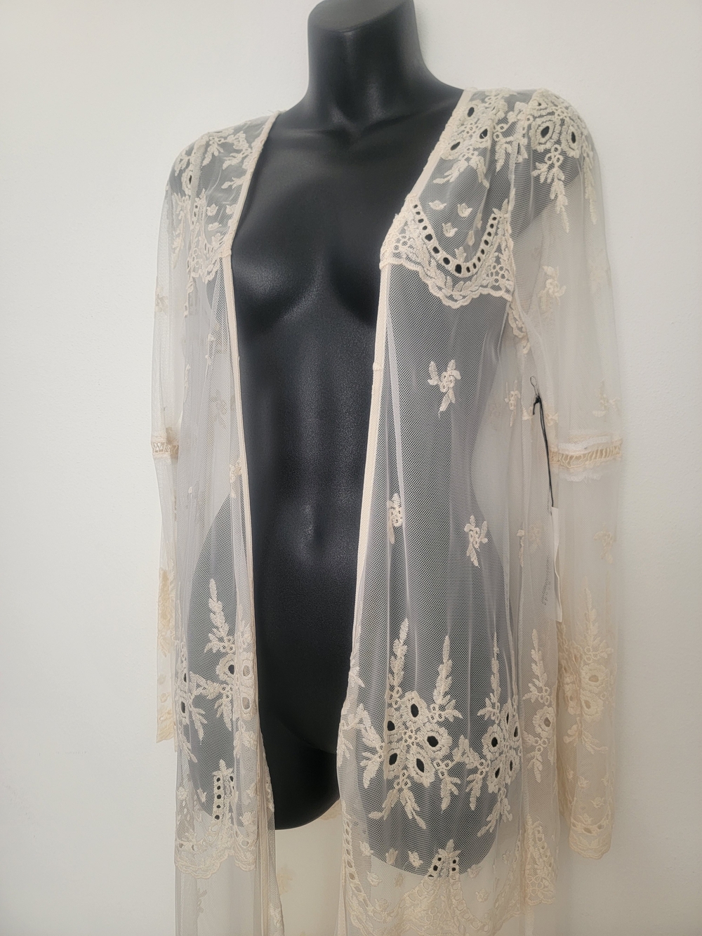 Sheer Lace Embroidered Long Robe - Cream - Picture 2 of 4